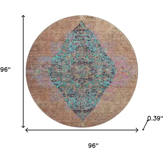 8' Orange And Pink Medallion Washable Round Rug With UV Protection Photo 8