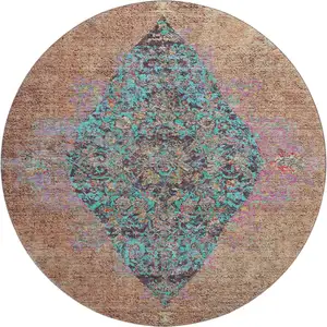 Photo of 8' Orange And Pink Medallion Washable Round Rug With UV Protection