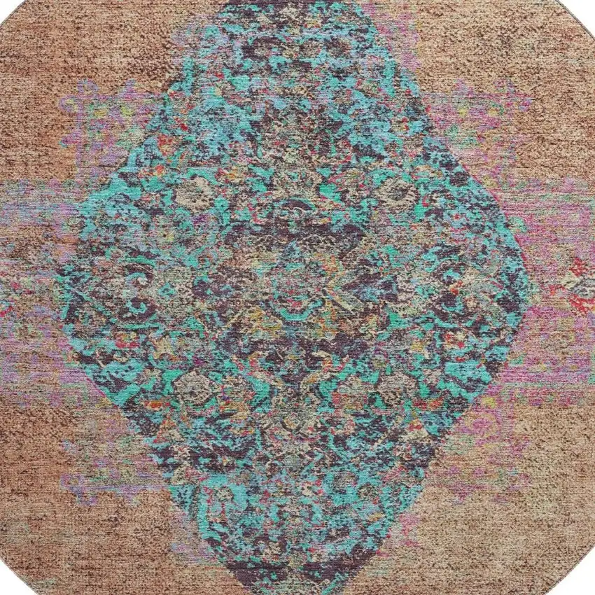 8' Orange And Pink Medallion Washable Round Rug With UV Protection Photo 3