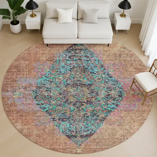 8' Orange And Pink Medallion Washable Round Rug With UV Protection Photo 5