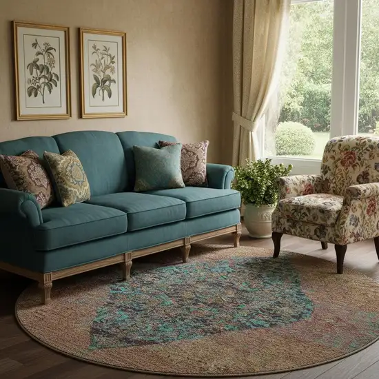 8' Orange And Pink Medallion Washable Round Rug With UV Protection Photo 2