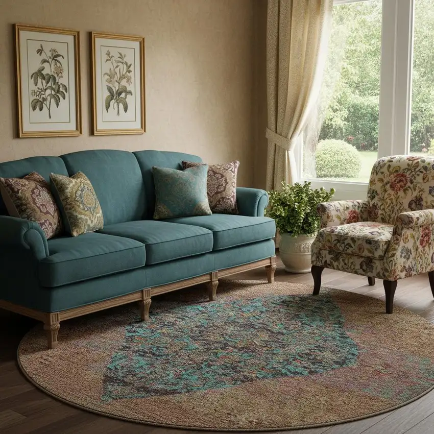 8' Orange And Pink Medallion Washable Round Rug With UV Protection Photo 2