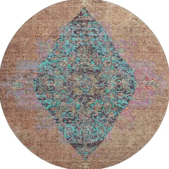 8' Orange And Pink Medallion Washable Round Rug With UV Protection Photo 4