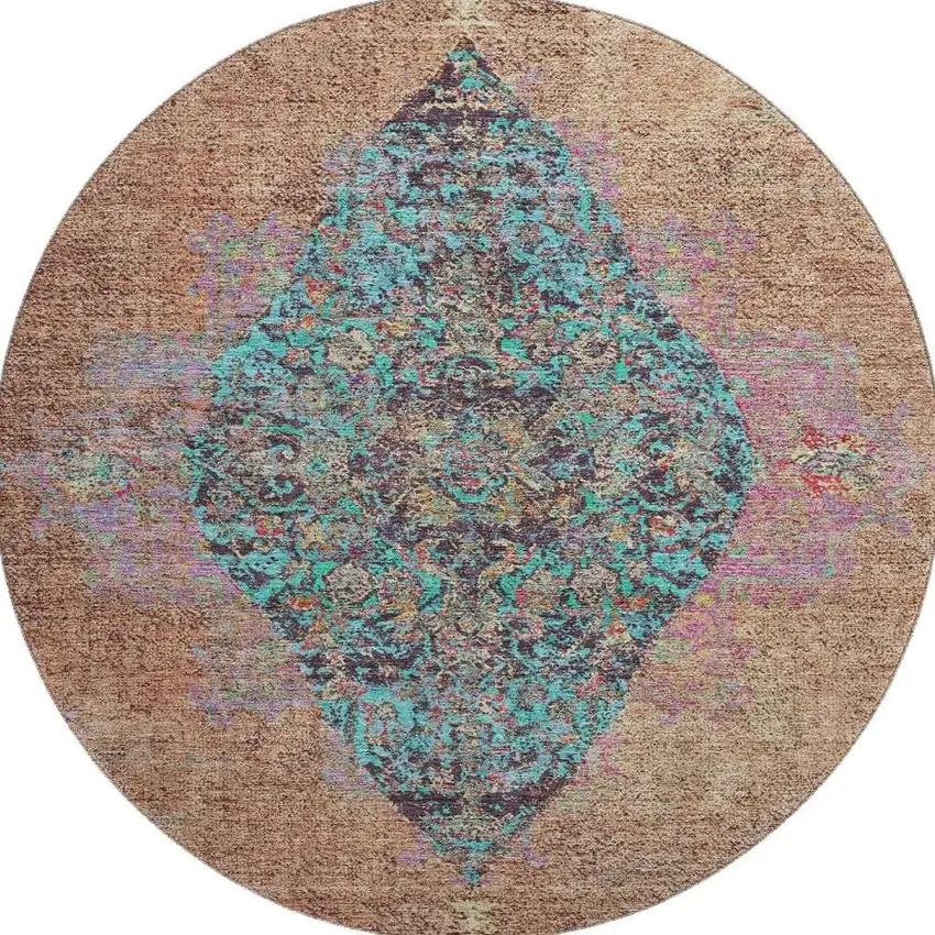 8' Orange And Pink Medallion Washable Round Rug With UV Protection Photo 4