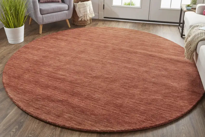 8' Orange And Red Round Wool Hand Woven Stain Resistant Area Rug Photo 4