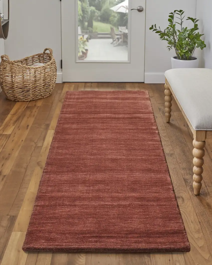 8' Orange And Red Wool Hand Woven Stain Resistant Runner Rug Photo 4