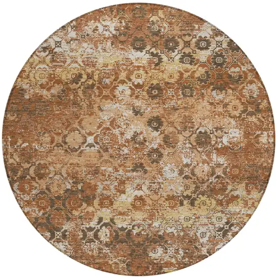 8' Orange And Rust Round Floral Medallion Washable Indoor Outdoor Area Rug Photo 2