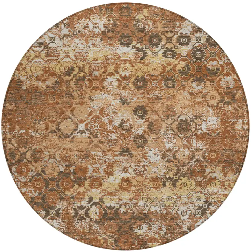 8' Orange And Rust Round Floral Medallion Washable Indoor Outdoor Area Rug Photo 2