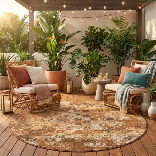 8' Orange And Rust Round Floral Medallion Washable Indoor Outdoor Area Rug Photo 1