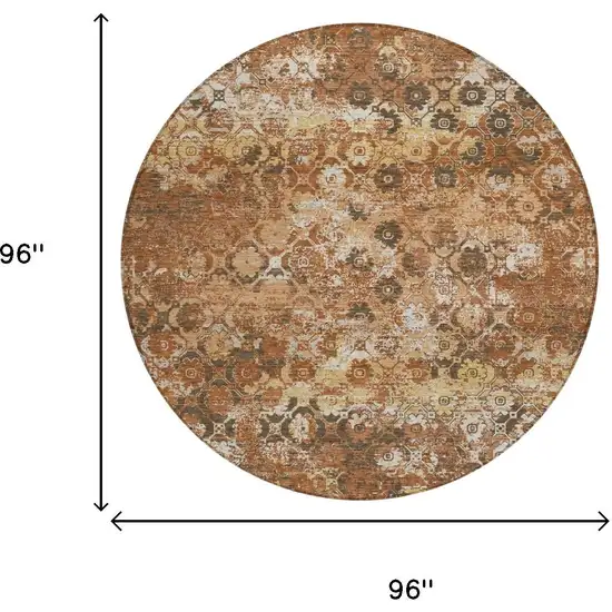 8' Orange And Rust Round Floral Medallion Washable Indoor Outdoor Area Rug Photo 5
