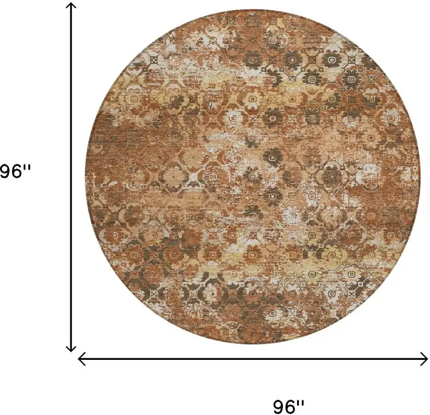 8' Orange And Rust Round Floral Medallion Washable Indoor Outdoor Area Rug Photo 5