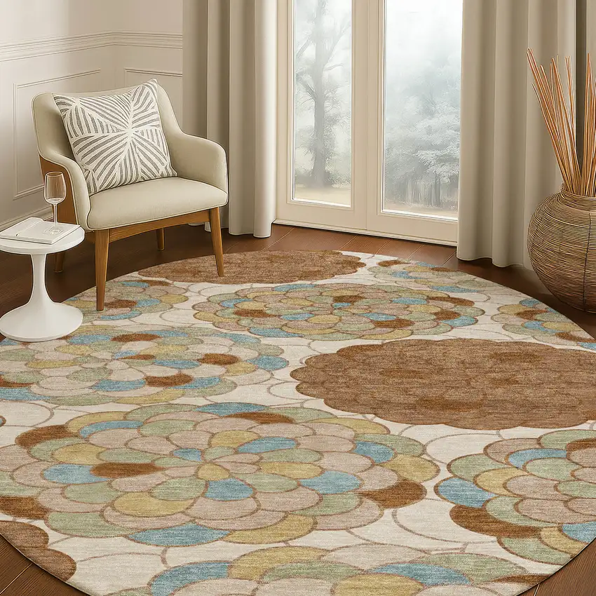8' Orange And Rust Round Floral Washable Indoor Outdoor Area Rug Photo 5