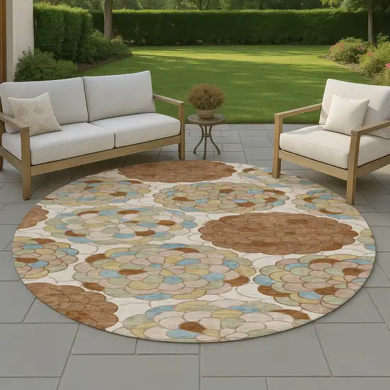 8' Orange And Rust Round Floral Washable Indoor Outdoor Area Rug Photo 4