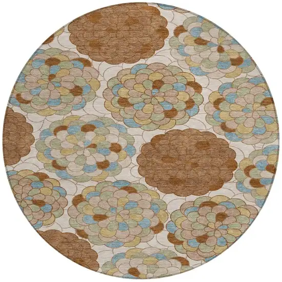 8' Orange And Rust Round Floral Washable Indoor Outdoor Area Rug Photo 2
