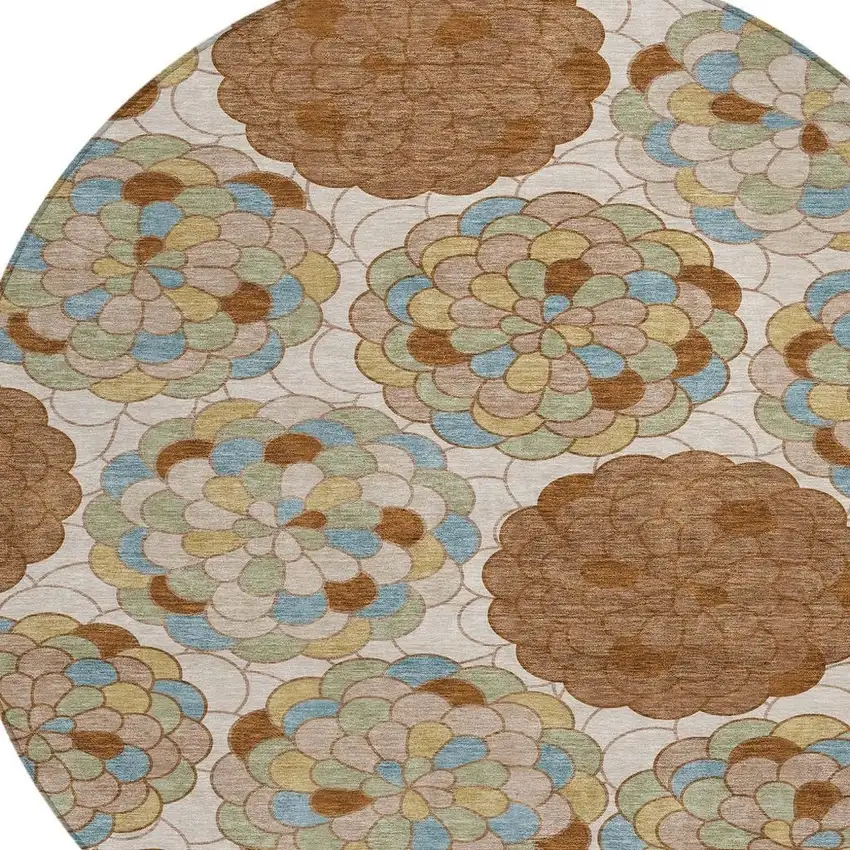 8' Orange And Rust Round Floral Washable Indoor Outdoor Area Rug Photo 3