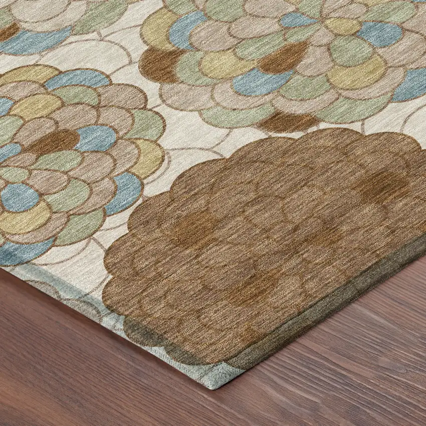 8' Orange And Rust Round Floral Washable Indoor Outdoor Area Rug Photo 6