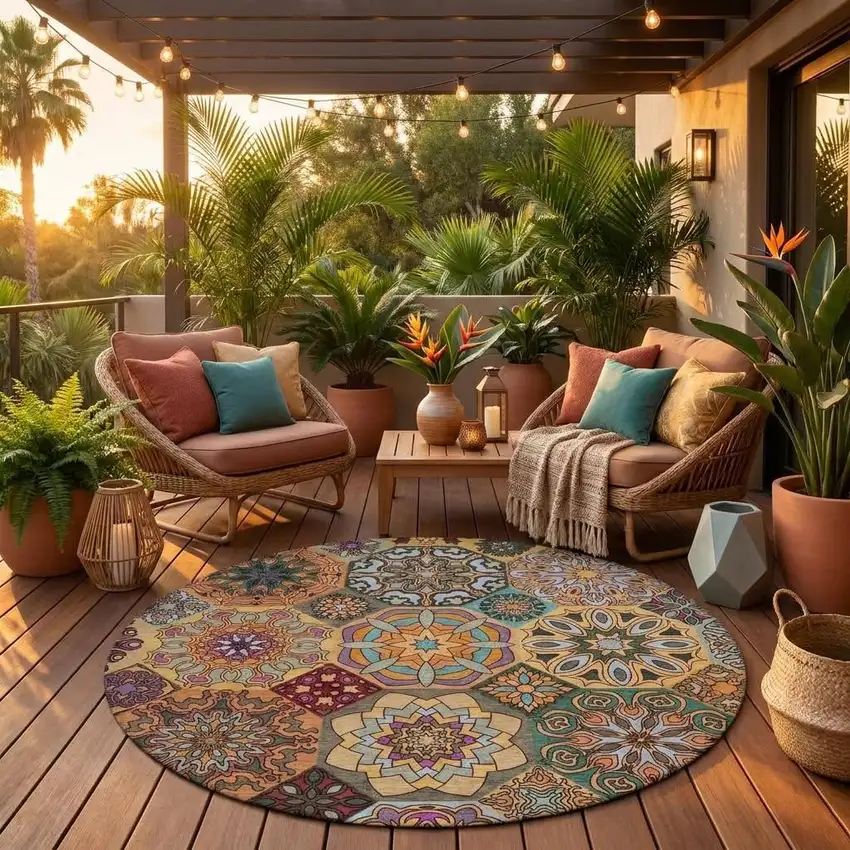 8' Orange And Rust Round Patchwork Washable Indoor Outdoor Area Rug Photo 1