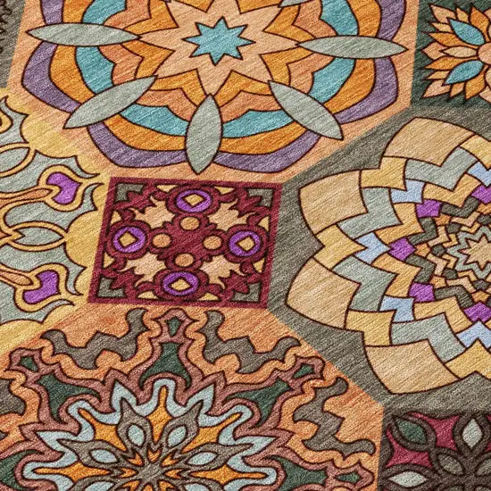 8' Orange And Rust Round Patchwork Washable Indoor Outdoor Area Rug Photo 6