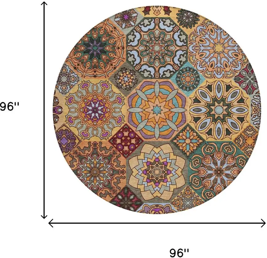 8' Orange And Rust Round Patchwork Washable Indoor Outdoor Area Rug Photo 7
