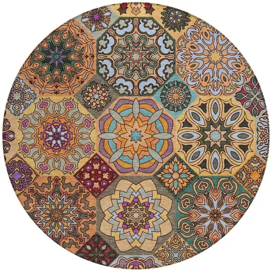 8' Orange And Rust Round Patchwork Washable Indoor Outdoor Area Rug Photo 2