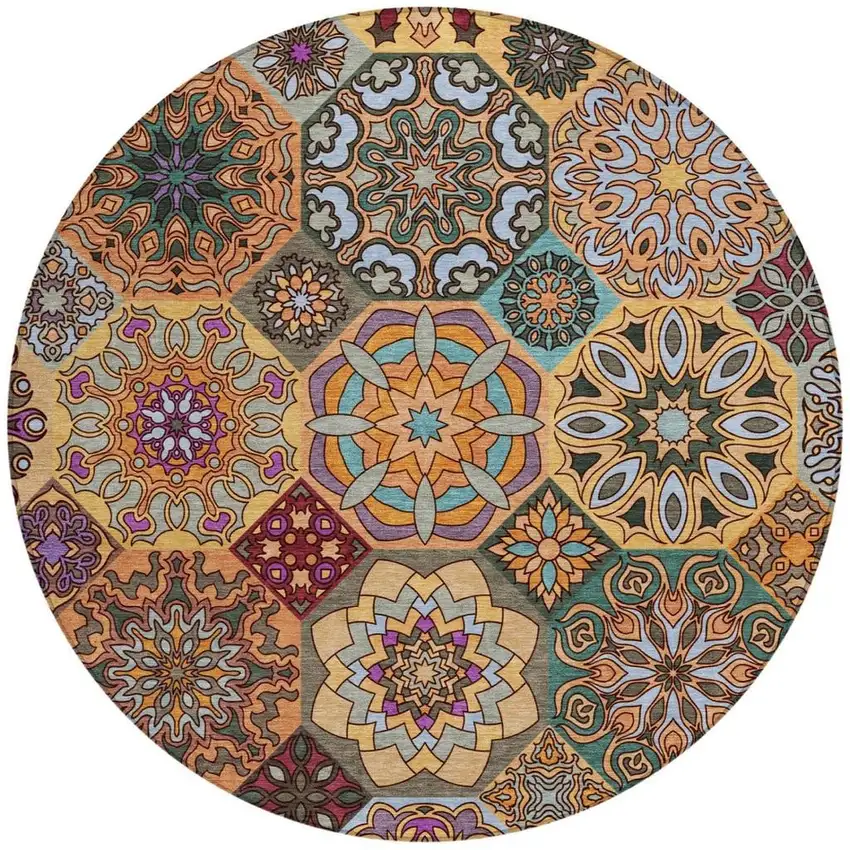 8' Orange And Rust Round Patchwork Washable Indoor Outdoor Area Rug Photo 2