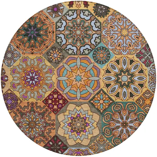 8' Orange And Rust Round Patchwork Washable Indoor Outdoor Area Rug Photo 3