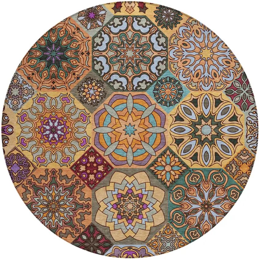8' Orange And Rust Round Patchwork Washable Indoor Outdoor Area Rug Photo 3