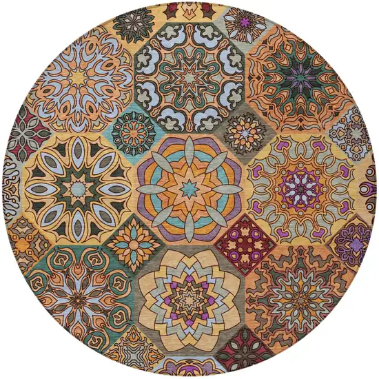8' Orange And Rust Round Patchwork Washable Indoor Outdoor Area Rug Photo 4