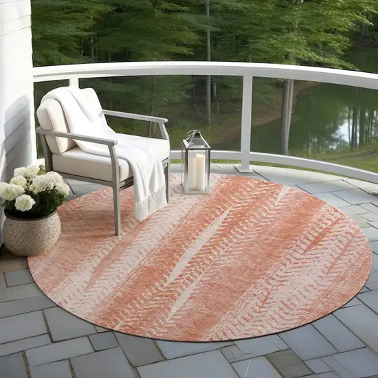 8' Orange And Salmon Round Botanical Leaves Washable Indoor Outdoor Area Rug Photo 7