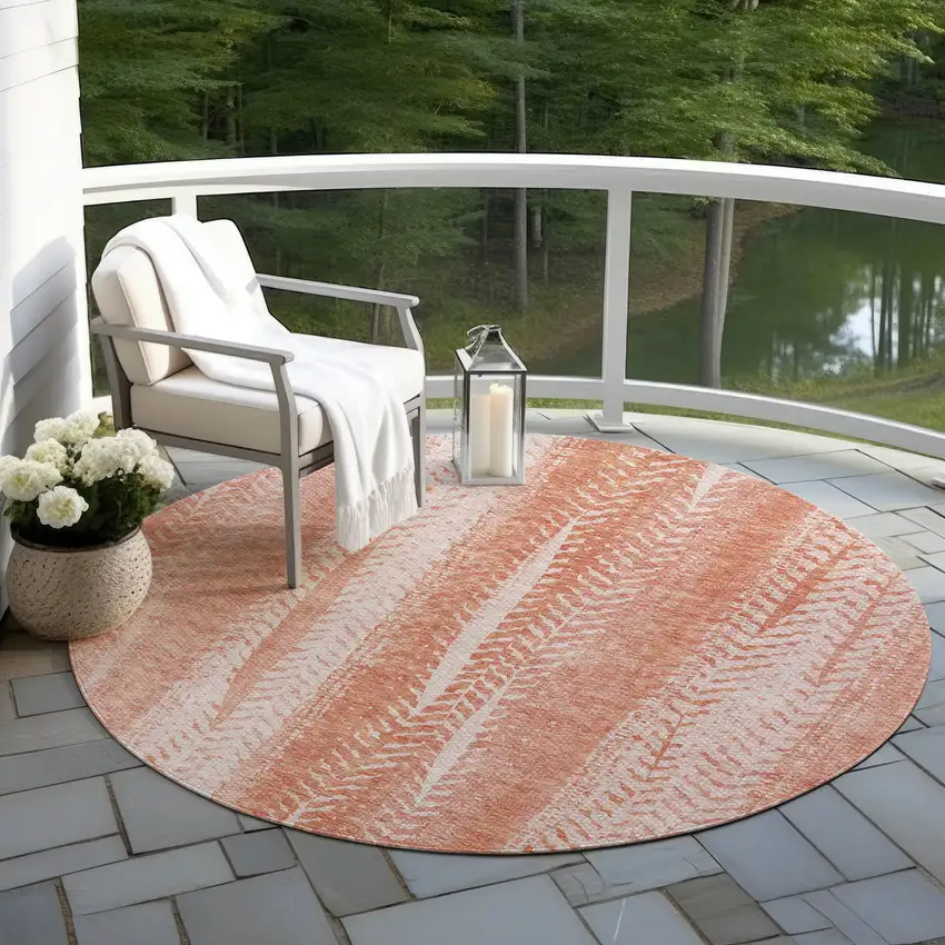 8' Orange And Salmon Round Botanical Leaves Washable Indoor Outdoor Area Rug Photo 7