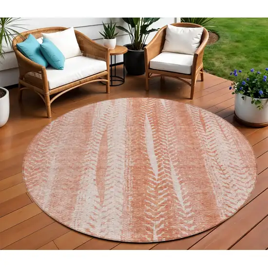 8' Orange And Salmon Round Botanical Leaves Washable Indoor Outdoor Area Rug Photo 1
