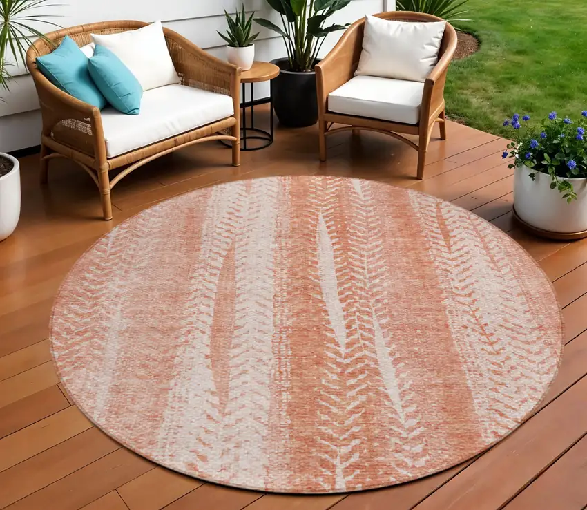 8' Orange And Salmon Round Botanical Leaves Washable Indoor Outdoor Area Rug Photo 1