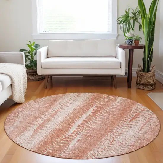 8' Orange And Salmon Round Botanical Leaves Washable Indoor Outdoor Area Rug Photo 8