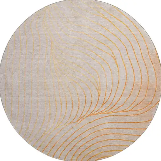 8' Orange And Silver Abstract Washable Round Rug With UV Protection Photo 3