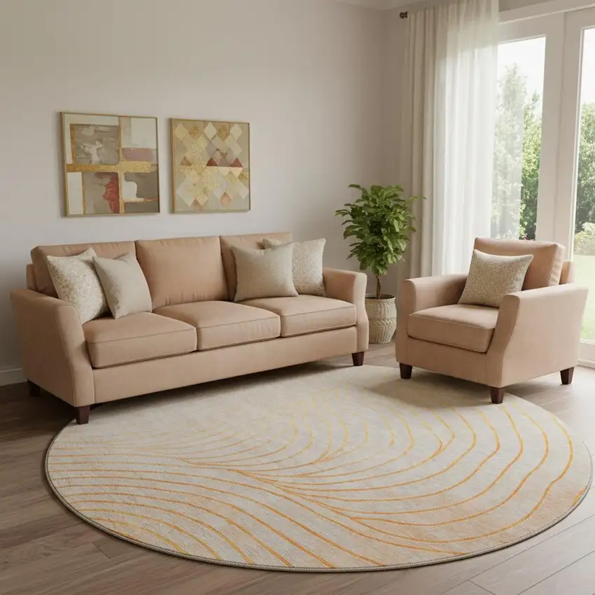 8' Orange And Silver Abstract Washable Round Rug With UV Protection Photo 2