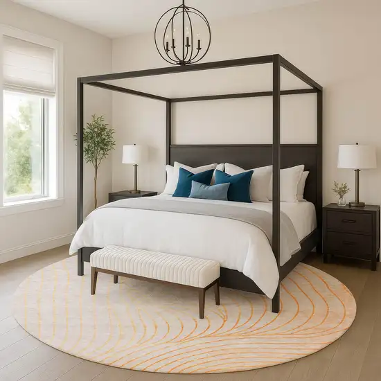 8' Orange And Silver Abstract Washable Round Rug With UV Protection Photo 5