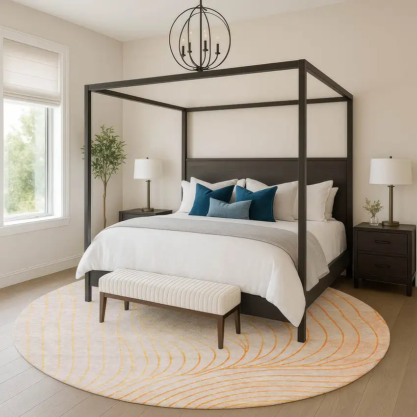 8' Orange And Silver Abstract Washable Round Rug With UV Protection Photo 5