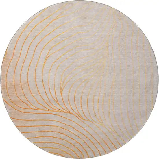 8' Orange And Silver Abstract Washable Round Rug With UV Protection Photo 4