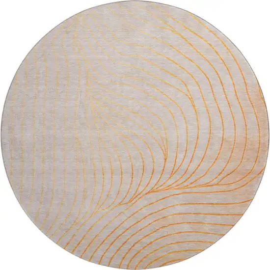 8' Orange And Silver Abstract Washable Round Rug With UV Protection Photo 1