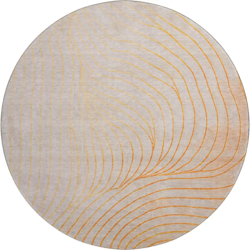 8' Orange And Silver Abstract Washable Round Rug With UV Protection Photo 1