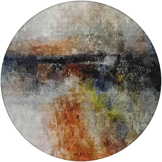 8' Orange And Silver Round Abstract Washable Indoor Outdoor Area Rug Photo 3