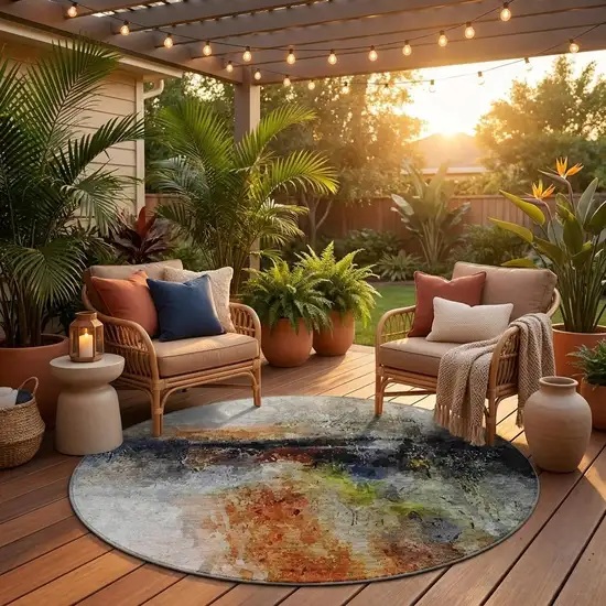 8' Orange And Silver Round Abstract Washable Indoor Outdoor Area Rug Photo 1