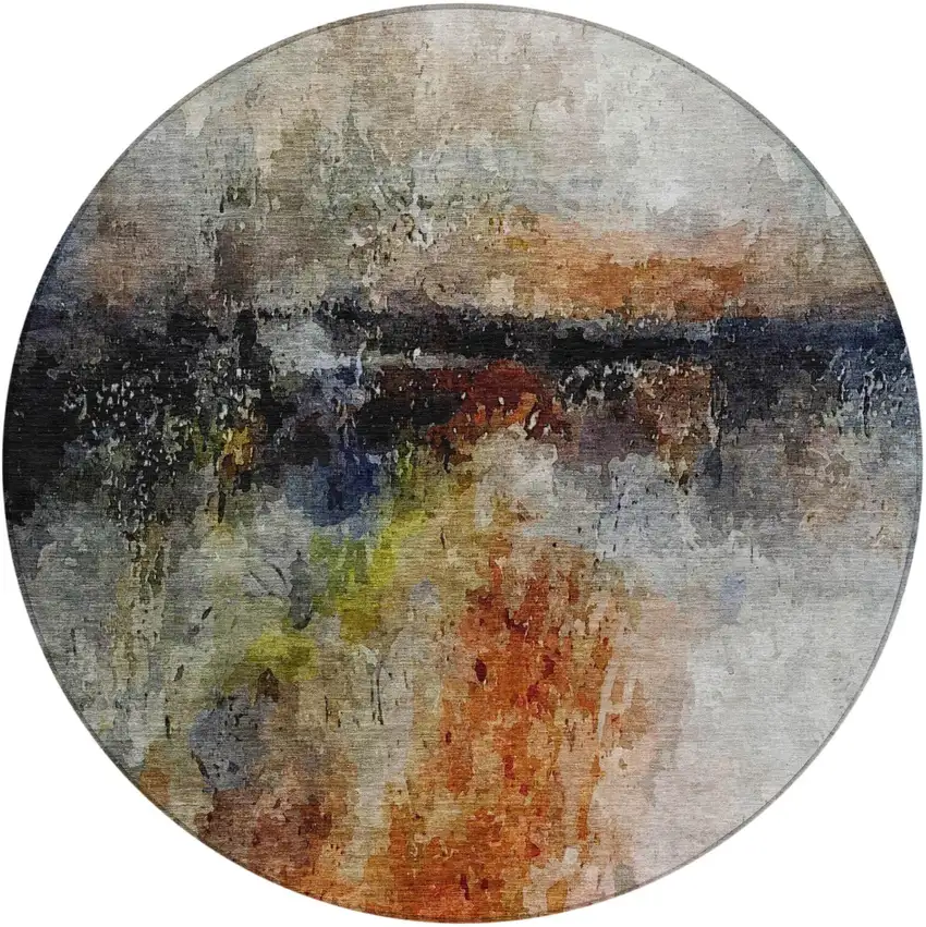 8' Orange And Silver Round Abstract Washable Indoor Outdoor Area Rug Photo 4