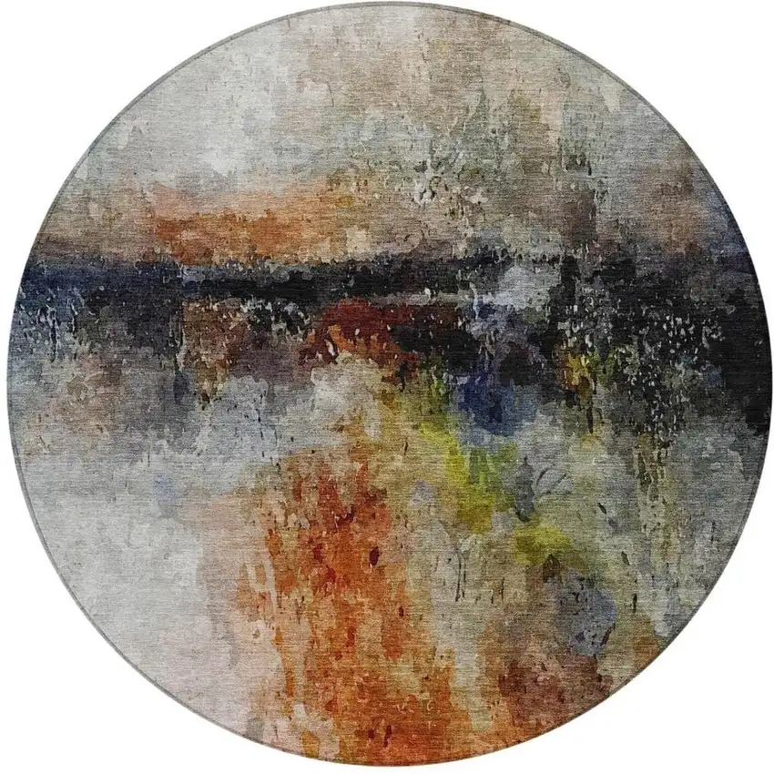 8' Orange And Silver Round Abstract Washable Indoor Outdoor Area Rug Photo 2