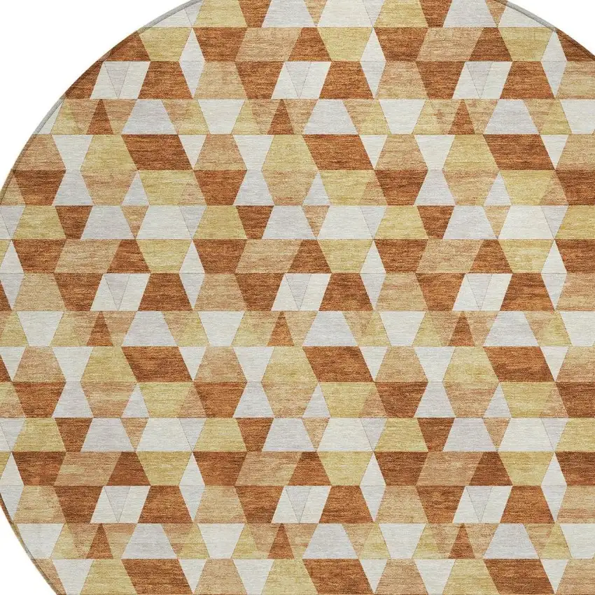 8' Orange And Silver Round Geometric Washable Indoor Outdoor Area Rug Photo 4