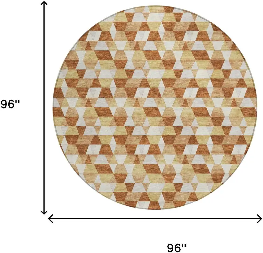 8' Orange And Silver Round Geometric Washable Indoor Outdoor Area Rug Photo 8
