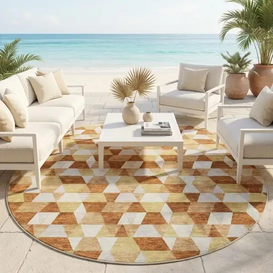 8' Orange And Silver Round Geometric Washable Indoor Outdoor Area Rug Photo 1