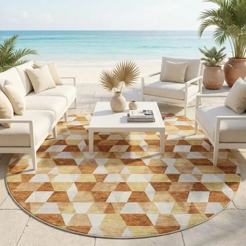 8' Orange And Silver Round Geometric Washable Indoor Outdoor Area Rug Photo 1