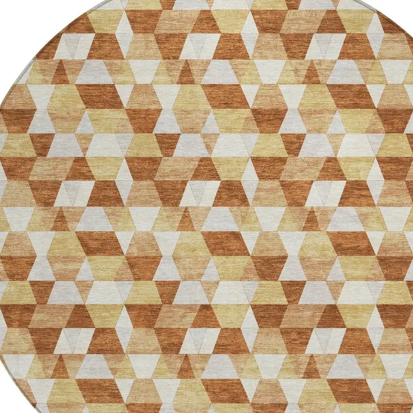 8' Orange And Silver Round Geometric Washable Indoor Outdoor Area Rug Photo 5