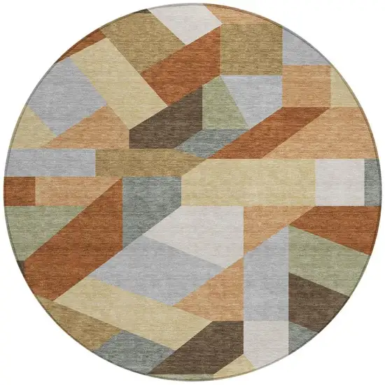 8' Orange And Silver Round Geometric Washable Indoor Outdoor Area Rug Photo 3